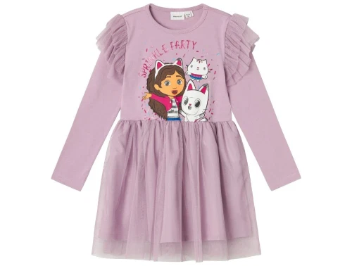 Lilla kjole med tylskørt og print med gabbys dukkehus fra Name It 13236208 lavender mist